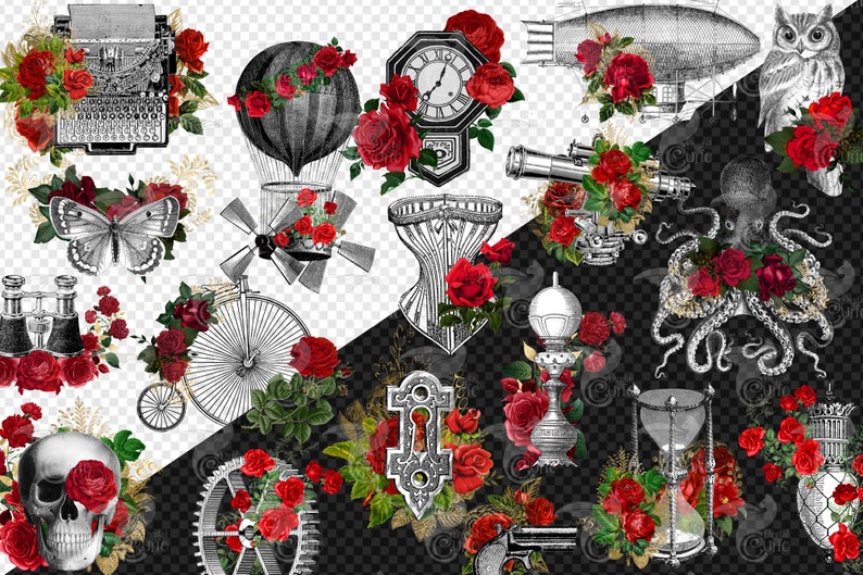 May include: A digital collage featuring vintage illustrations of a hot air balloon, an owl, a typewriter, a corset, a clock, a bicycle, an octopus, a keyhole, a lamp, an hourglass, and a skull. All of the illustrations are surrounded by red roses.