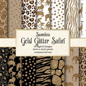 Gold Glitter Safari Digital Paper seamless patterns and backgrounds, white black and gold African animals, tileable printable safari papers