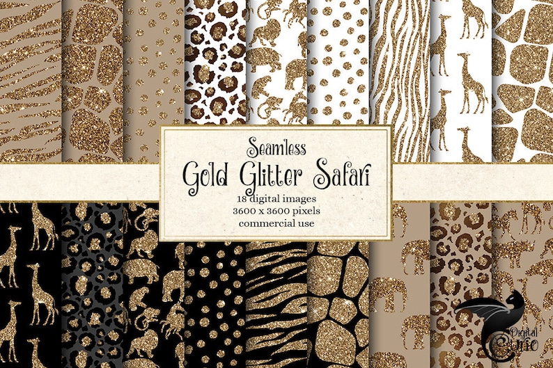 Gold Glitter Safari Digital Paper, Seamless Animal Print Patterns ...