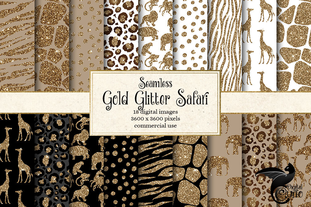Gold Glitter Safari Digital Paper, Seamless Animal Print Patterns ...