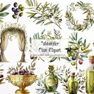 Puede incluir: Clipart de acuarela con ramas de olivo, hojas, aceitunas, coronas, árboles, un cuenco de aceitunas y botellas de aceite de oliva. El clipart es perfecto para agregar un toque de naturaleza a tus diseños.