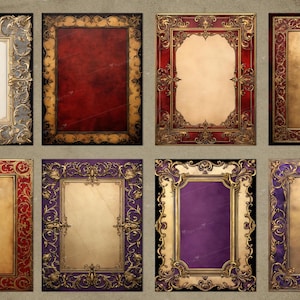 May include: Eight ornate frames with different colored backgrounds and gold trim. The frames are arranged in two rows of four.
