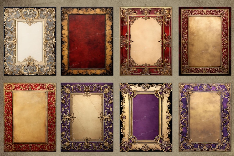 May include: Eight ornate frames with different colored backgrounds and gold trim. The frames are arranged in two rows of four.