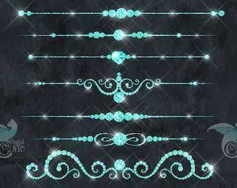 May include: Set of eight turquoise blue glitter dividers with various designs, including straight lines, swirls, and hearts. The dividers are perfect for adding a touch of sparkle to digital projects.
