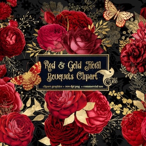 Rot und Gold Blumen Clip Art, digitaler sofortiger Download gemalte Aquarell Blume png Verzierungen, rote Rose, gold Glitzer Rosen