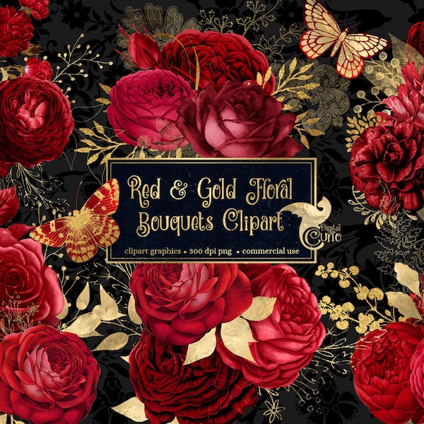 Red and Gold Floral Clip Art, digital instant download painted watercolor flower png embellishments, red rose, gold glitter roses