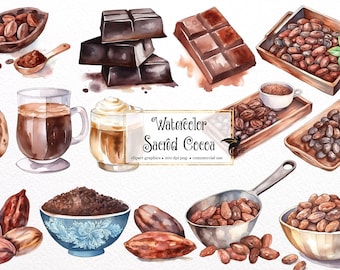 Puede incluir: Ilustraciones de acuarela de granos de cacao, barras de chocolate, polvo de cacao y chocolate caliente. Las ilustraciones son de estilo vintage y son perfectas para usar en manualidades, scrapbooking o diseño digital.