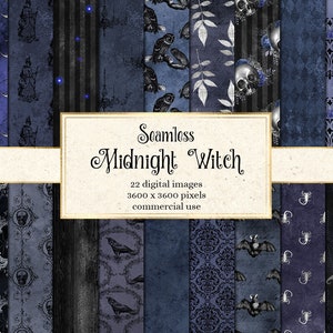 Midnight Witch Digital Paper, seamless grunge Halloween patterns with witches and skulls instant download for commercial use