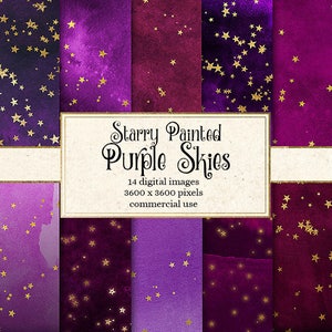 Starry Painted Purple Skies Digital Paper, gouden sterren aquarel achtergronden, aquarel texturen, nachtelijke hemel grillige scrapbook papier