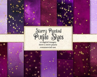 Starry Purple Skies Digital Paper, Gold Stars Watercolor Backgrounds (Digital Download)