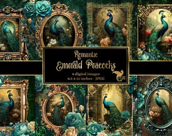 Papel digital Emerald Peacock, imprimible para diario de recortes rococó (8.5x11) (Descarga digital)