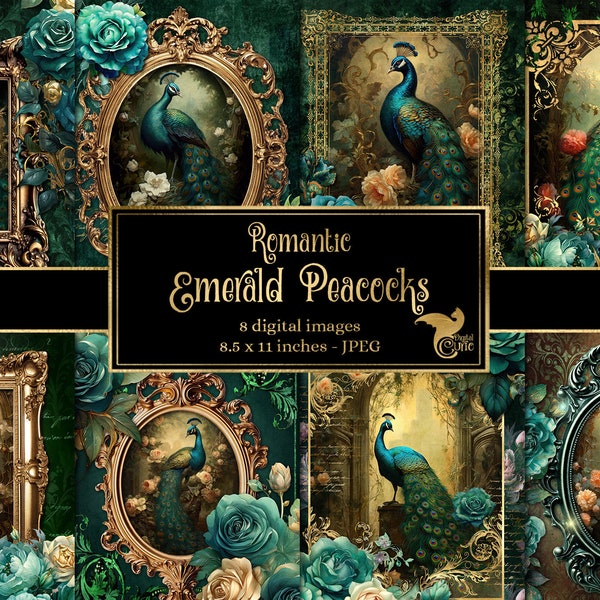 Romantic Emerald Peacock Journal Paper, notebook digital paper rococo fantasy junk journal pages printable 8.5x11 paper instant download