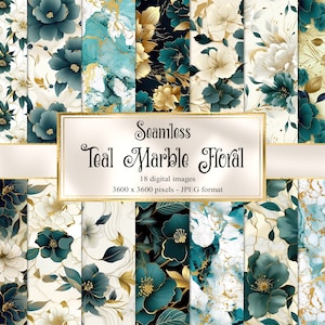May include: A set of 18 digital seamless patterns featuring teal marble and floral designs with gold accents. The patterns are 3600 x 3600 pixels and in JPEG format.