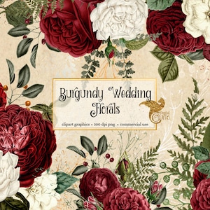 Clipart de flores de casamento da Borgonha, vinho tinto, branco marfim e ouro avermelhado rosa vintage antigo, gráficos de clip art de flores, ilustração de buquê