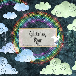 Pode incluir: Um arco-íris feito de pontos brilhantes com nuvens e chuva. O texto "Glittering Rain" está no centro da imagem.  Clipart graphics - 300 dpi png - commercial use.