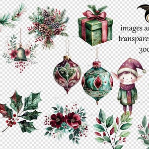 May include: A set of watercolor Christmas illustrations featuring a green gift box with a red ribbon, a red stocking, a green holly sprig, a bouquet of pine branches with pine cones, a red and green ornament, a blue and green ornament, a green elf with a red hat, and a green Santa Claus with a white beard.