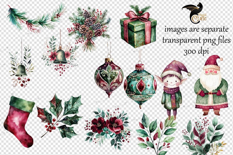 May include: A set of watercolor Christmas illustrations featuring a green gift box with a red ribbon, a red stocking, a green holly sprig, a bouquet of pine branches with pine cones, a red and green ornament, a blue and green ornament, a green elf with a red hat, and a green Santa Claus with a white beard.