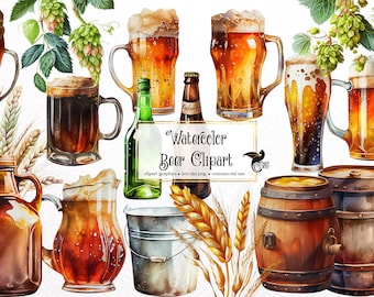 Imágenes prediseñadas de cerveza en acuarela: gráficos de lúpulo y trigo (descarga digital)