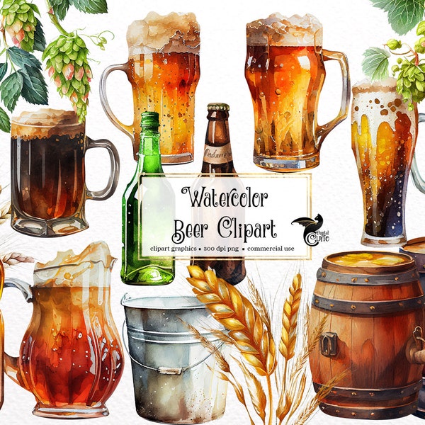 Watercolor Beer Clipart - digital png beer, wheat and hops graphics for instant download commercial use