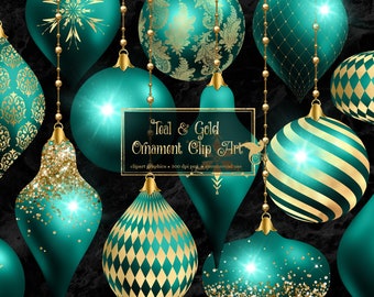 Teal and Gold Christmas Ornaments Clipart, digital glitter Christmas ball ornament clip art in png format for commercial use