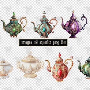 Pode incluir: Conjunto de seis bules ornamentados com desenhos intrincados e pedras preciosas coloridas. Os bules s&atilde;o de v&aacute;rias cores, incluindo verde, azul, roxo, branco e vermelho.