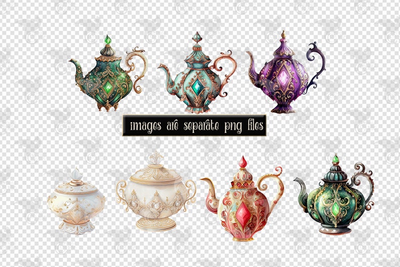 Pode incluir: Conjunto de seis bules ornamentados com desenhos intrincados e pedras preciosas coloridas. Os bules s&atilde;o de v&aacute;rias cores, incluindo verde, azul, roxo, branco e vermelho.