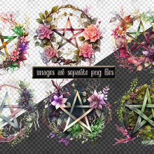 Watercolor Pentagram Clipart floral pentacle PNG format instant download for commercial use image 4