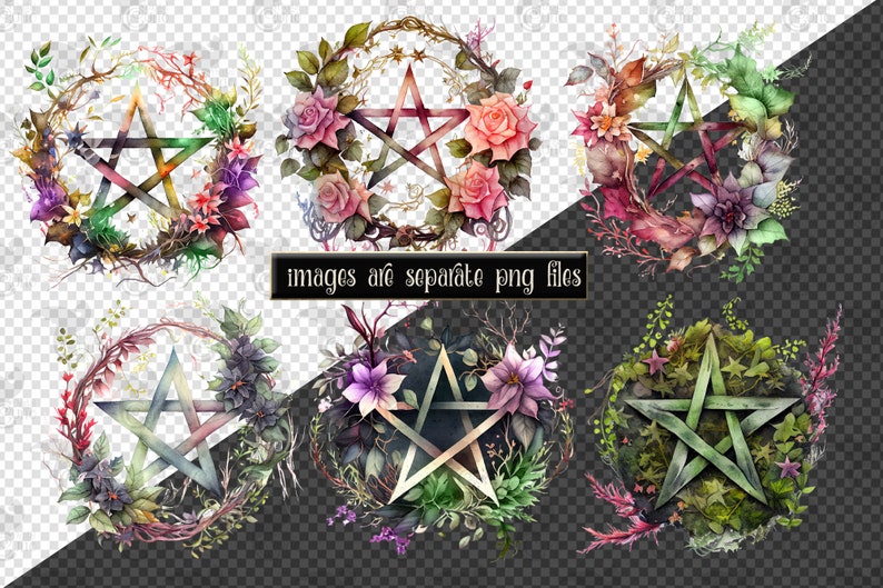 Watercolor Pentagram Clipart floral pentacle PNG format instant download for commercial use image 4