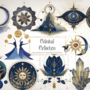 May include: A collection of celestial-themed graphics in shades of blue and gold. The designs include moons, suns, planets, stars, and abstract figures. The text "Celestial Collection" is displayed in a rectangular frame.