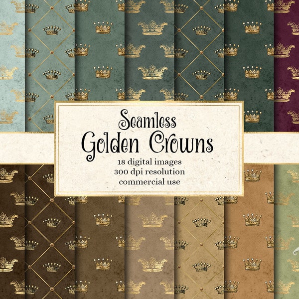 Golden Crowns Digital Paper, seamless printable gold crown patterns printable princess backgrounds instant download commercial use