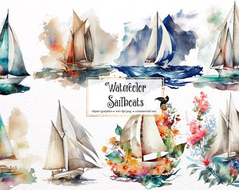 Watercolor Sailboat Clipart – Nautical Sailing Graphics (PNG, Digital Download)