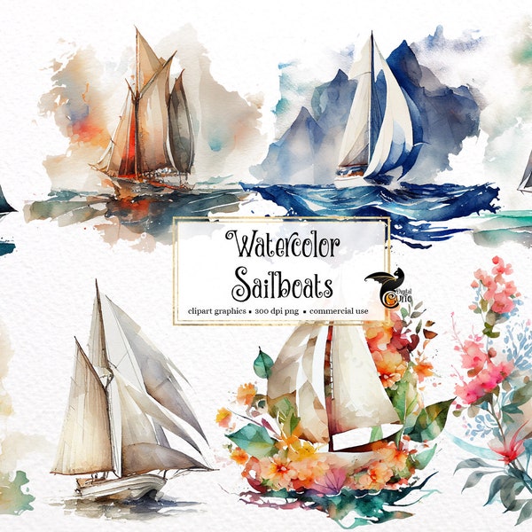 Watercolor Sailboats Clipart - cute nautical ocean sailing clip art graphics in PNG format instant download for commercial use