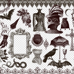 K&ouml;nnte beinhalten: Eine Sammlung von Illustrationen im Vintage-Stil in Sepia-T&ouml;nen mit gotischen und viktorianischen Elementen. Enth&auml;lt eine Uhr, ein Korsett, einen Raben, eine Fledermaus, einen Rahmen und andere dekorative Elemente. Transparenter Hintergrund.
