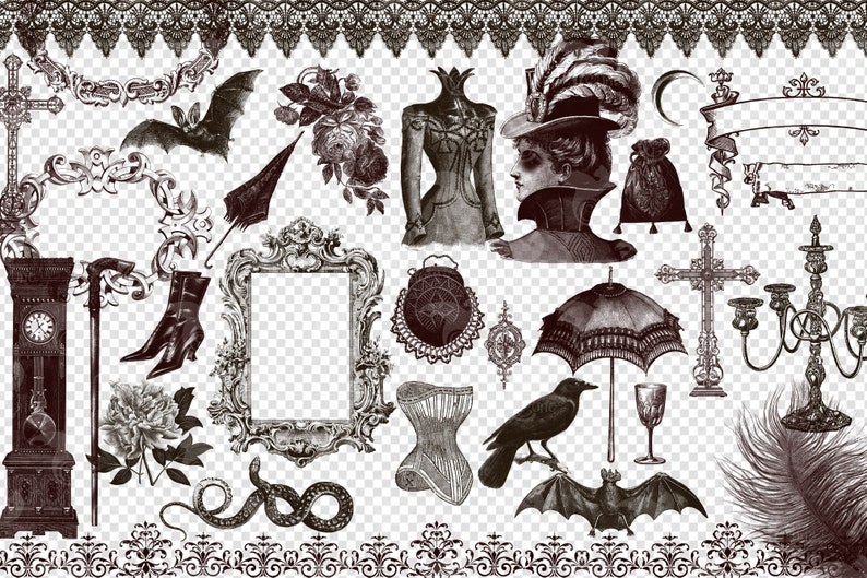 K&ouml;nnte beinhalten: Eine Sammlung von Illustrationen im Vintage-Stil in Sepia-T&ouml;nen mit gotischen und viktorianischen Elementen. Enth&auml;lt eine Uhr, ein Korsett, einen Raben, eine Fledermaus, einen Rahmen und andere dekorative Elemente. Transparenter Hintergrund.