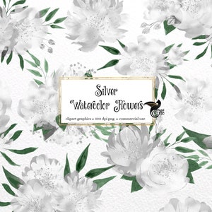 Silver Watercolor Flowers Clipart - ramos de flores brillantes en formato PNG descarga instantánea para uso comercial