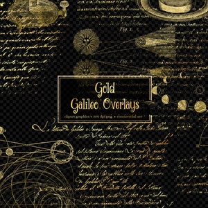 Gold Galileo Overlays, astronomy digital png clipart overlays, antique science graphics commercial use