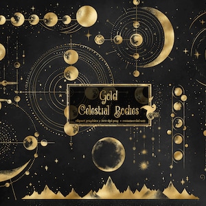 Gold Celestial Bodies, digital png clipart overlays, vintage star charts, antique science graphics commercial use image 1