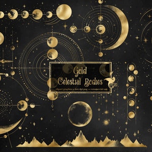 Gouden hemellichamen, digitale png clipart overlays, vintage sterrenkaarten, antieke wetenschapsafbeeldingen commercieel gebruik