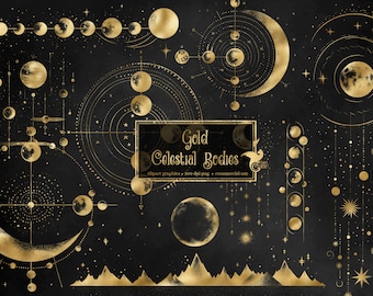 Gold Celestial Bodies, digital png clipart overlays, vintage star charts, antique science graphics commercial use