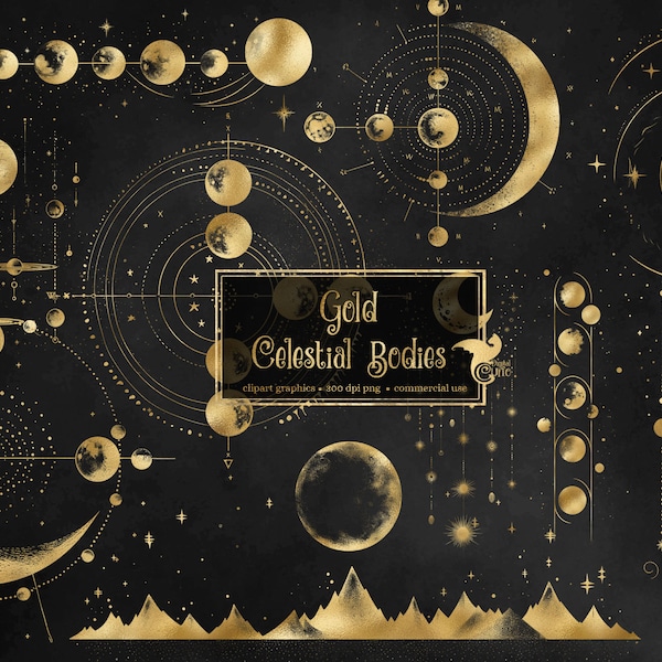 Gold Celestial Bodies, digital png clipart overlays, vintage star charts, antique science graphics commercial use