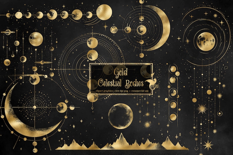 Gold Celestial Bodies, digital png clipart overlays, vintage star charts, antique science graphics commercial use image 1