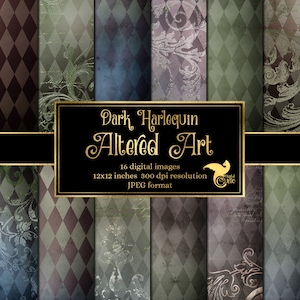 May include: A set of 16 digital paper designs in a dark harlequin theme. The papers feature a variety of patterns, including diamond shapes, floral designs, and distressed textures. The papers are 12x12 inches and 300 dpi resolution in JPEG format.