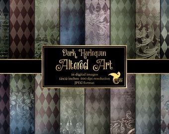 Dark Harlequin Digital Paper, Vintage Grunge Scrapbook Backgrounds (Digital Download)