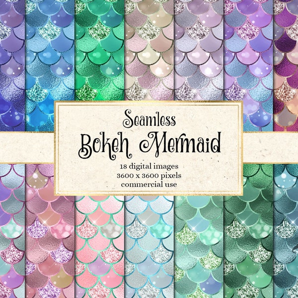 Bokeh Mermaid Scales Digital paper, seamless mermaid tail scale textures with glitter lights and rainbow printable scrapbook paper