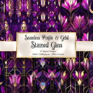 Stained Glass Purple and Gold Digital paper, seamless printable textures printable scrapbook paper