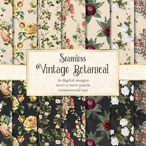 Vintage Botanisch Digitaal Papier, naadloze antieke bloemenachtergronden afdrukbaar plakboekpapier instant download commercieel gebruik