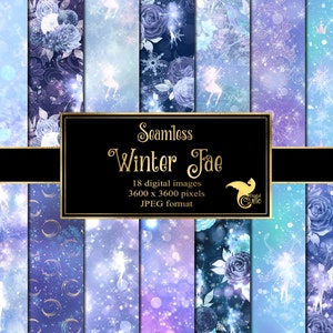 Winter Feen Digital Paper - nahtlose magische Fantasy-Hintergründe mit Feen-Mustern und Bokeh-Glitzer-Schneeflocken