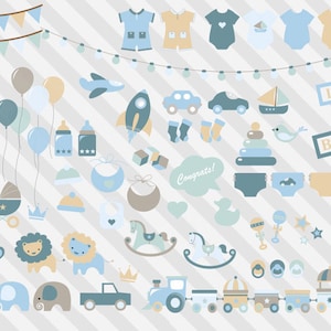 Puede incluir: Una colección de clipart de baby shower azul y beige con una variedad de artículos relacionados con bebés, que incluyen un globo aerostático, un cohete, un tren, un caballito de balancín, un león, un elefante, una jirafa, una corona, un sonajero, un chupete, un pañal, un babero, una botella, un sombrero, un par de calcetines, un coche, un avión, un velero, un pájaro, una estrella, un corazón, una nube, un sol, una luna, una pancarta y las palabras "Es un niño" y "¡Bebé en camino!"