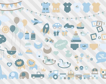 Blue Baby Shower Clipart, Boy Colors, vehicles, jungle safari animals, banners, string lights, baby shower vectors, commercial use