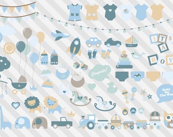Blue Baby Shower Clipart, Jungle Animals, Vehicle Vectors (Commercial Use)